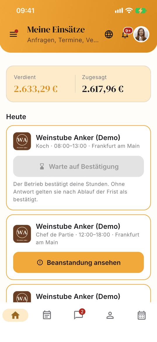 Sunworker-App, Startseite der Fachkraft