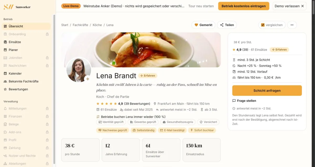 Profil der Köchin Lena Brandt mit Bewertungen, Nachweisen und Konditionen